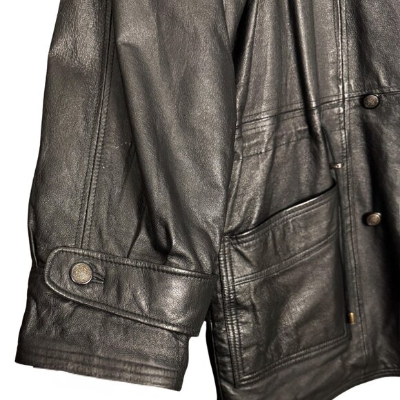 Vintage 90s Black Leather Coat, Quilted Lining, Genuine Leather, Oversized Parka - Picture 4 of 7